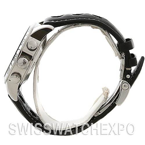 This side view of a Chopard Mille Miglia 168992-3001 Men's Stainless Steel Black Dial 168992-3001 Men's Stainless Steel Black Dial watch shows its case, crown, pushers, and black leather strap.