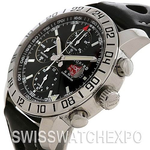 The image shows a side angle of the Chopard Mille Miglia 168992-3001 Men's Stainless Steel Black Dial 168992-3001 Men's Stainless Steel Black Dial watch, highlighting its crown, chronograph pushers, and part of the strap.