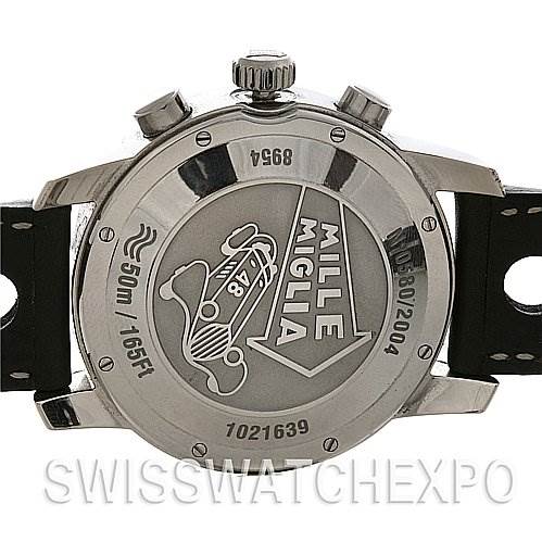 This image shows the case back of a Chopard Mille Miglia 168992-3001 Men's Stainless Steel Black Dial 168992-3001 Men's Stainless Steel Black Dial watch, displaying the model name, water resistance, and serial number.