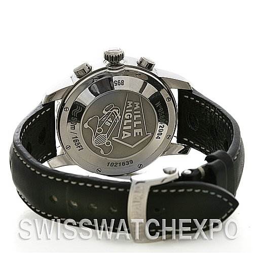 The image shows the back view of a Chopard Mille Miglia 168992-3001 Men's Stainless Steel Black Dial 168992-3001 Men's Stainless Steel Black Dial watch, displaying the case back, crown, and black leather strap.