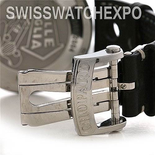 The image shows a close-up of the clasp and part of the strap of a Chopard Mille Miglia 168992-3001 Men's Stainless Steel Black Dial 168992-3001 Men's Stainless Steel Black Dial watch, highlighting the engraved brand name.