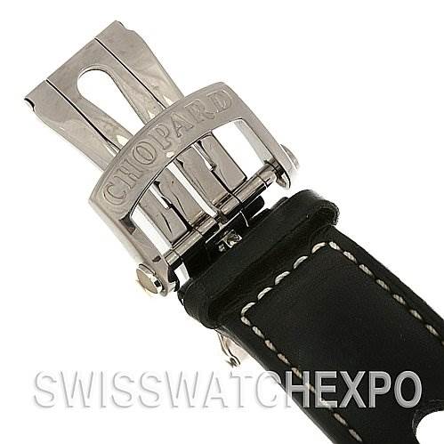 This image shows a close-up of the clasp and part of the strap of a Chopard Mille Miglia 168992-3001 Men's Stainless Steel Black Dial 168992-3001 Men's Stainless Steel Black Dial watch.