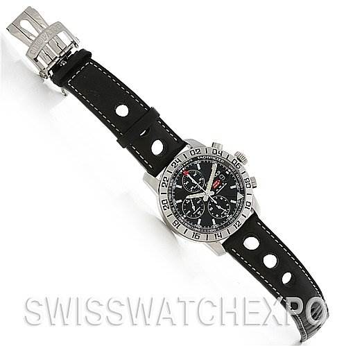 The image shows a top-down view of the Chopard Mille Miglia 168992-3001 Men's Stainless Steel Black Dial 168992-3001 Men's Stainless Steel Black Dial watch, displaying its face, leather strap, and clasp.