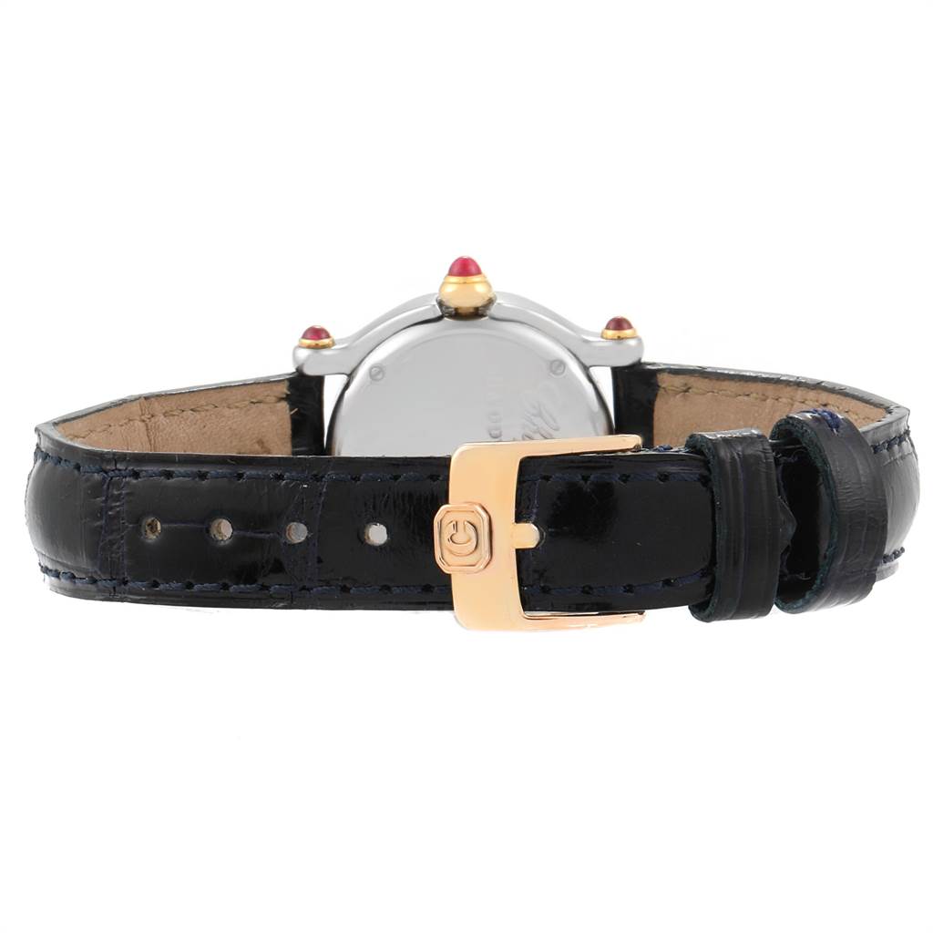 The image shows the back view of a Chopard 27/8246-21 Women's Steel and Gold (two tone) White Dial 27/8246-21 Women's Steel and Gold (two tone) White Dial Happy Sport 5 Floating Diamond Yellow Gold Steel Watch 8246 model, focusing on the strap and clasp.