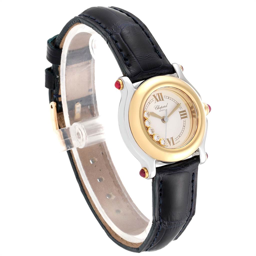 The Chopard 27/8246-21 Women's Steel and Gold (two tone) White Dial 27/8246-21 Women's Steel and Gold (two tone) White Dial Happy Sport 5 Floating Diamond Yellow Gold Steel Watch 8246 is shown at a three-quarter angle highlighting its dial and strap.