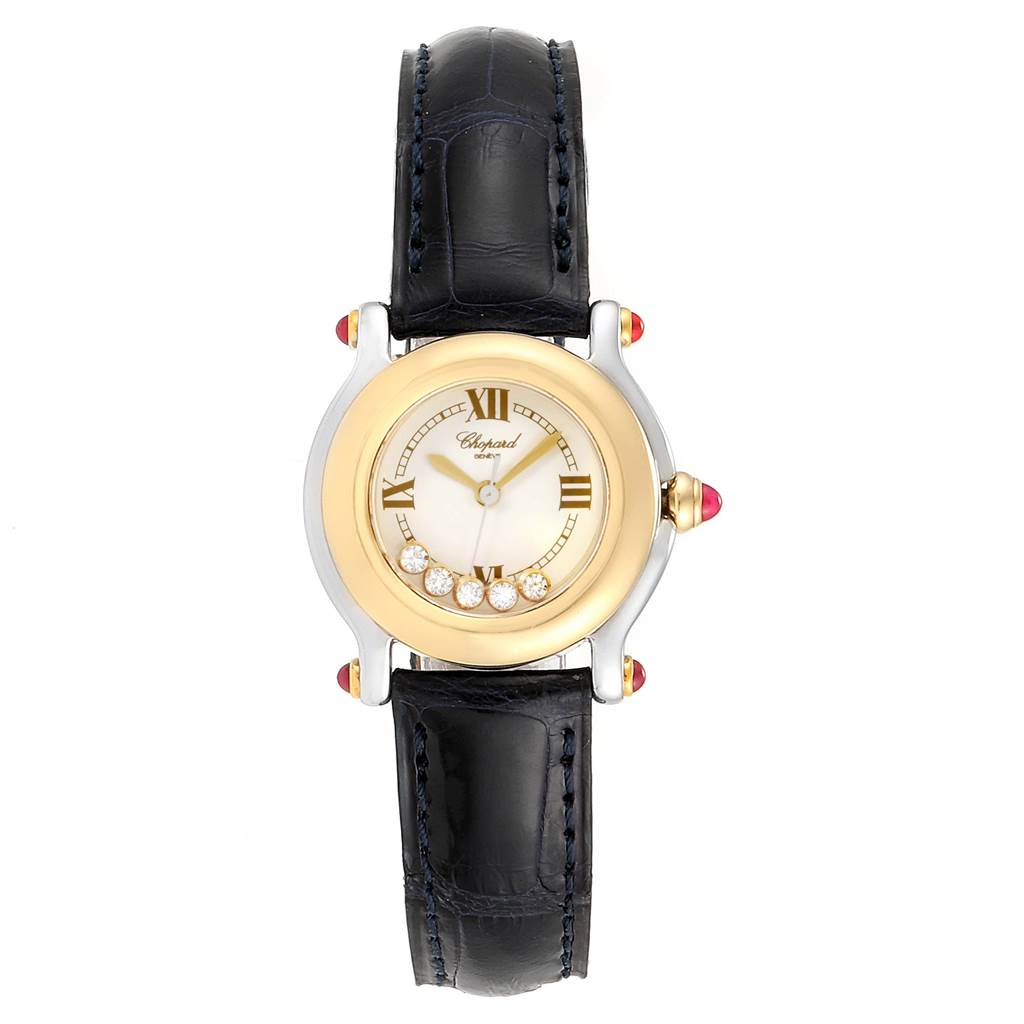 The image shows a top-down view of the Chopard 27/8246-21 Women's Steel and Gold (two tone) White Dial 27/8246-21 Women's Steel and Gold (two tone) White Dial Happy Sport 5 Floating Diamond Yellow Gold Steel Watch 8246 model.