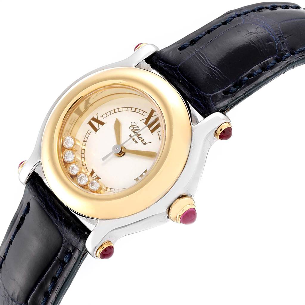 The image shows a Chopard 27/8246-21 Women's Steel and Gold (two tone) White Dial 27/8246-21 Women's Steel and Gold (two tone) White Dial Happy Sport 5 Floating Diamond Yellow Gold Steel Watch 8246 from an angled side view, highlighting the face and strap.