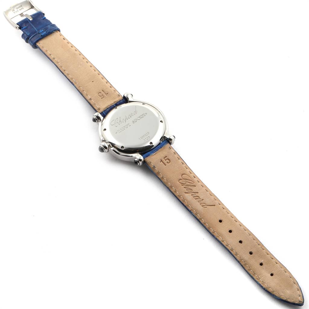 The Chopard 8236 Women's Stainless Steel White Dial 8236 Women's Stainless Steel White Dial Happy Sport White Dial 7 Floating Diamond Watch model 8236 is shown from the back, highlighting the strap and case back.