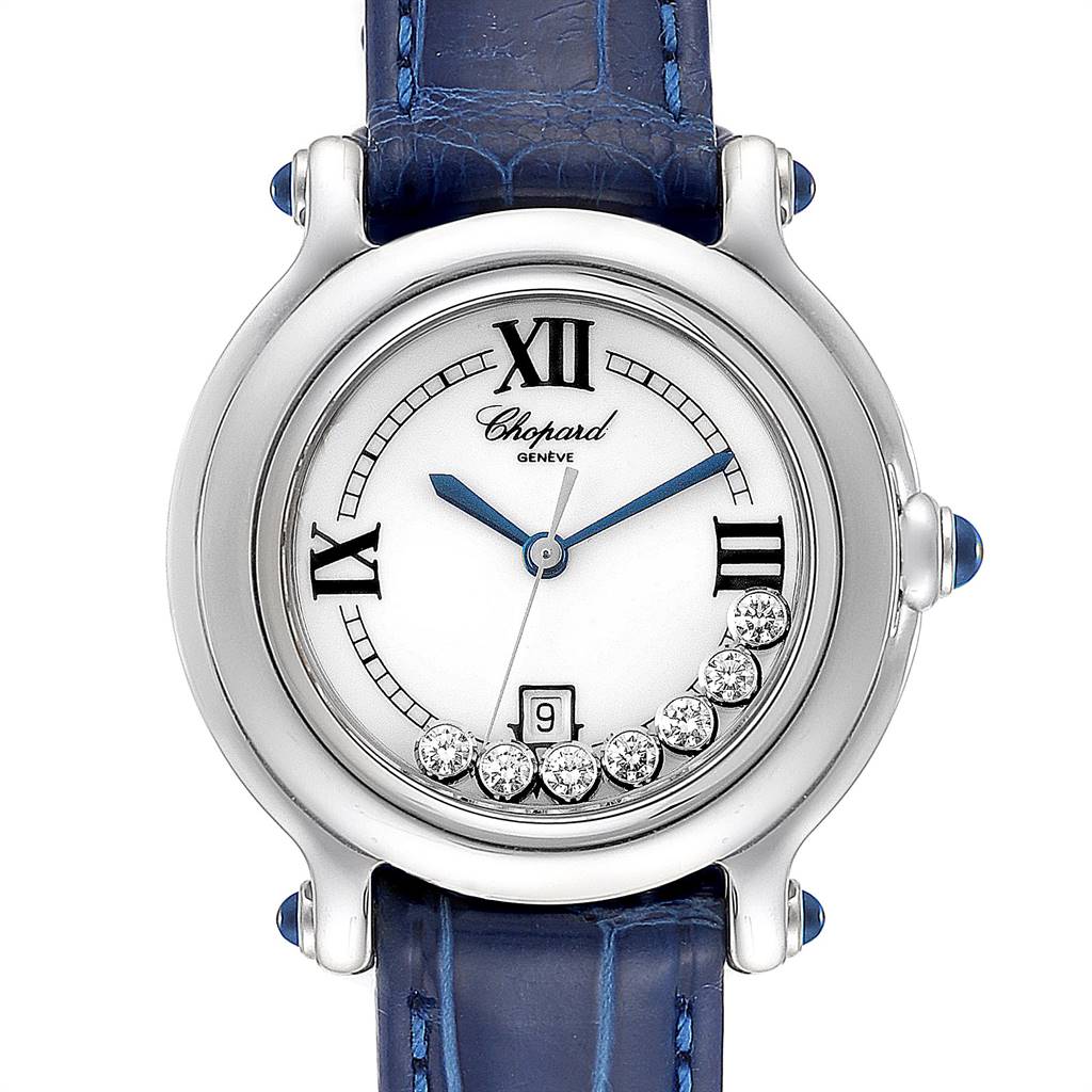 The image shows a front view of the Chopard 8236 Women's Stainless Steel White Dial 8236 Women's Stainless Steel White Dial Happy Sport White Dial 7 Floating Diamond Watch 8236, including the dial, case, and strap.
