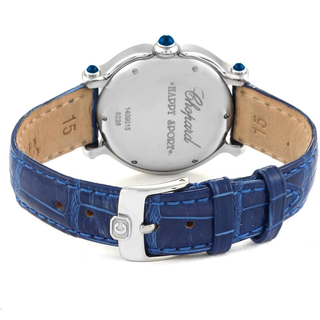 This image shows the back of the Chopard 8236 Women's Stainless Steel White Dial 8236 Women's Stainless Steel White Dial Happy Sport 8236 watch, including the caseback, strap, and buckle.