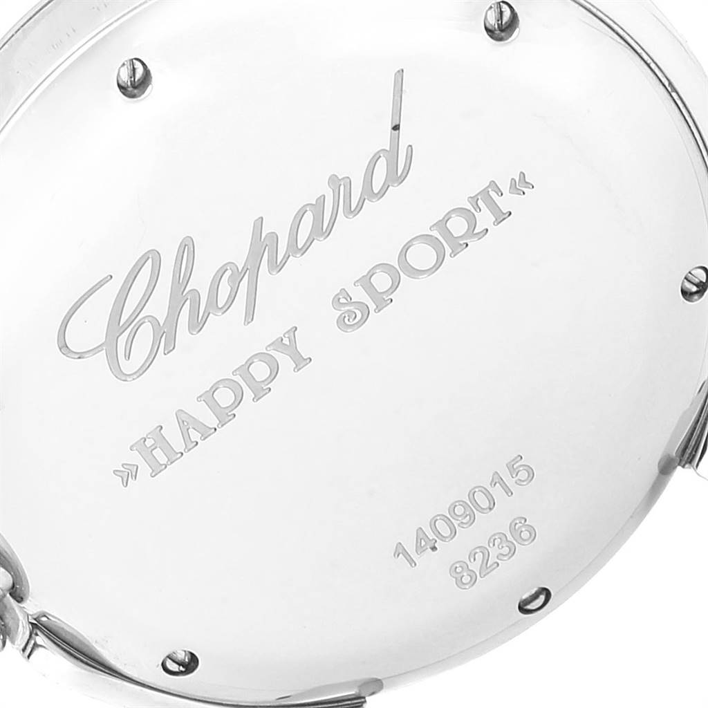 This image shows the back case of the Chopard 8236 Women's Stainless Steel White Dial 8236 Women's Stainless Steel White Dial Happy Sport model 8236, engraved with the brand name and model details.
