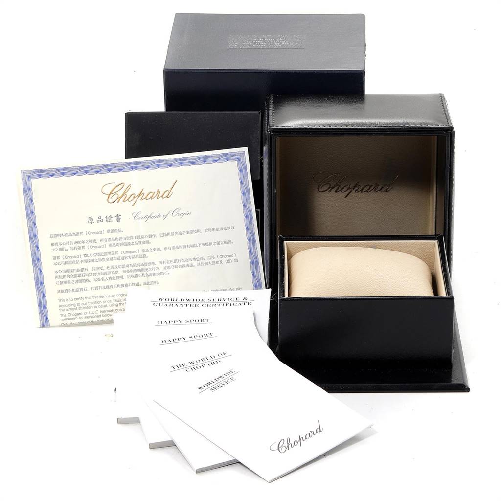 The image shows the box, cushion, warranty documents, and certificate for the Chopard 8236 Women's Stainless Steel White Dial 8236 Women's Stainless Steel White Dial Happy Sport White Dial 7 Floating Diamond Watch 8236.