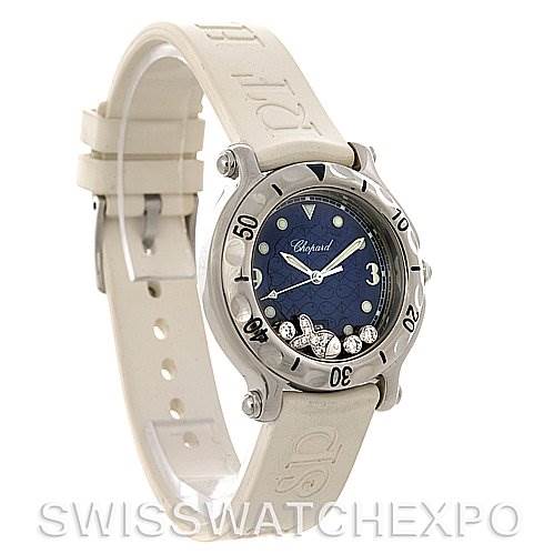 The image shows a Chopard 278923-3001 Women's Stainless Steel Blue Dial 278923-3001 Women's Stainless Steel Blue Dial Happy Sport Rubber Strap 278923-3001 Watch at a slight angle, displaying its face, bezel, and strap.