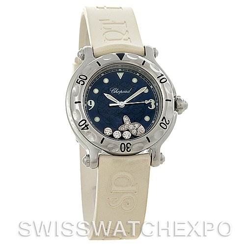 The Chopard 278923-3001 Women's Stainless Steel Blue Dial 278923-3001 Women's Stainless Steel Blue Dial Happy Sport Rubber Strap 278923-3001 Watch is shown from the front, displaying the face, bezel, and strap.