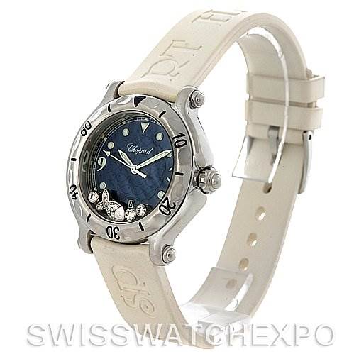 This image shows the Chopard 278923-3001 Women's Stainless Steel Blue Dial 278923-3001 Women's Stainless Steel Blue Dial Happy Sport Rubber Strap 278923-3001 Watch at a slight angle, highlighting the face, bezel, and strap.