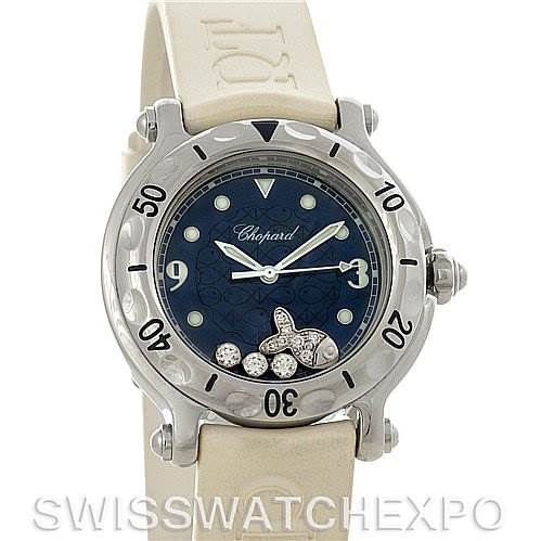 The image shows a front view of the Chopard 278923-3001 Women's Stainless Steel Blue Dial 278923-3001 Women's Stainless Steel Blue Dial Happy Sport Rubber Strap 278923-3001 watch, highlighting its navy dial and silver bezel.