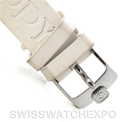 The image shows a close-up of the buckle and strap of the Chopard 278923-3001 Women's Stainless Steel Blue Dial 278923-3001 Women's Stainless Steel Blue Dial Happy Sport 278923-3001 watch.