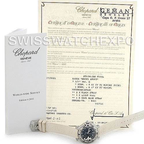 The image shows the Chopard 278923-3001 Women's Stainless Steel Blue Dial 278923-3001 Women's Stainless Steel Blue Dial Happy Sport Rubber Strap 278923-3001 Watch displayed flat, with its certificate and warranty documents.