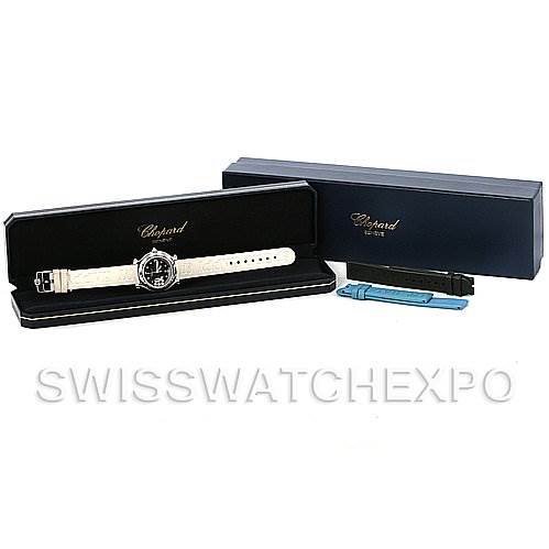 The image shows a Chopard 278923-3001 Women's Stainless Steel Blue Dial 278923-3001 Women's Stainless Steel Blue Dial Happy Sport Rubber Strap 278923-3001 Watch in a case with additional straps displayed.