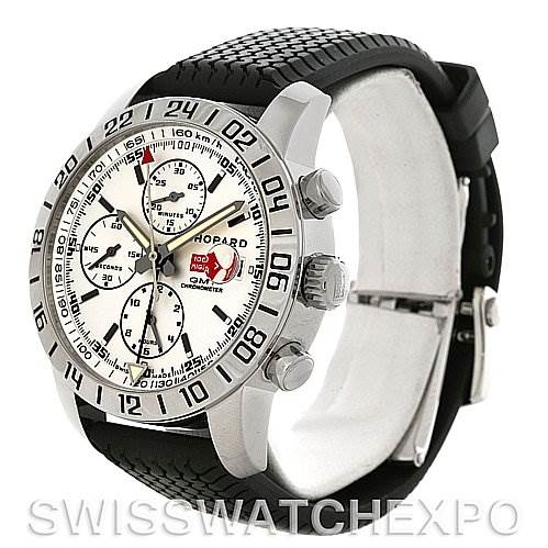 The image shows a side and partial front view of a Chopard Mille Miglia 168992-3003 Men's Stainless Steel White Dial 168992-3003 Men's Stainless Steel White Dial watch, highlighting its face, bezel, crown, and strap.