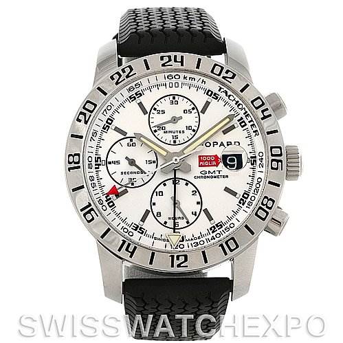 The image displays a front view of the Chopard Mille Miglia 168992-3003 Men's Stainless Steel White Dial 168992-3003 Men's Stainless Steel White Dial GMT Chronometer watch, showcasing its dial, bezel, and strap.