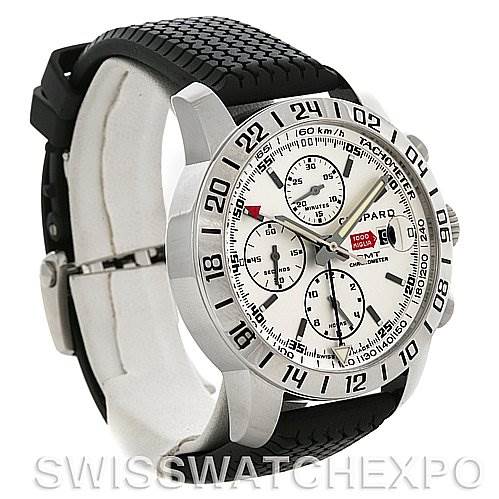 The image shows a Chopard Mille Miglia 168992-3003 Men's Stainless Steel White Dial 168992-3003 Men's Stainless Steel White Dial watch at a three-quarter angle, highlighting the face, bezel, and black rubber strap.