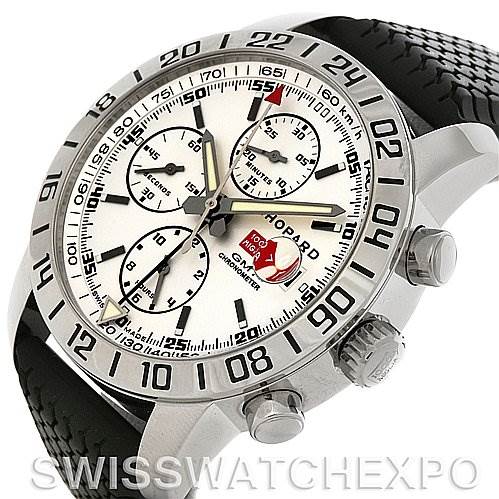 This image shows a Chopard Mille Miglia 168992-3003 Men's Stainless Steel White Dial 168992-3003 Men's Stainless Steel White Dial watch from a tilted front angle, highlighting its dial, bezel, pushers, and part of the strap.