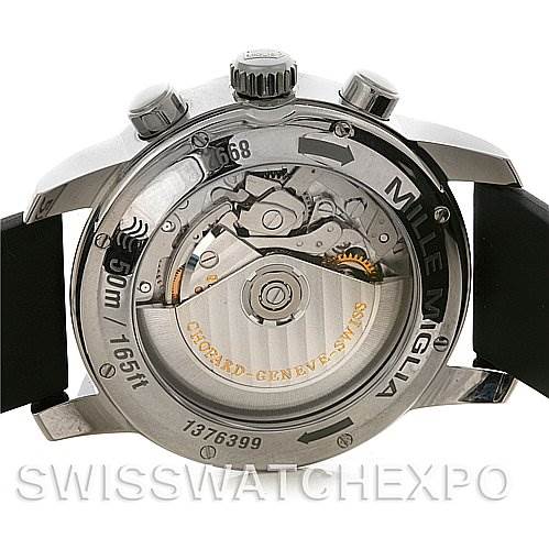 This image shows the back view of the Chopard Mille Miglia 168992-3003 Men's Stainless Steel White Dial 168992-3003 Men's Stainless Steel White Dial watch, focusing on its automatic movement and casing details.