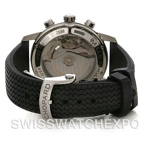 The image shows the back view of a Chopard Mille Miglia 168992-3003 Men's Stainless Steel White Dial 168992-3003 Men's Stainless Steel White Dial watch, highlighting its transparent case back and rubber strap with "Chopard" on the clasp.