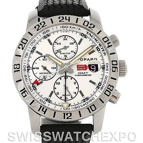 This image shows a front view of the Chopard Mille Miglia 168992-3003 Men's Stainless Steel White Dial 168992-3003 Men's Stainless Steel White Dial model watch, displaying the dial, bezel, crown, and case with a rubber strap.