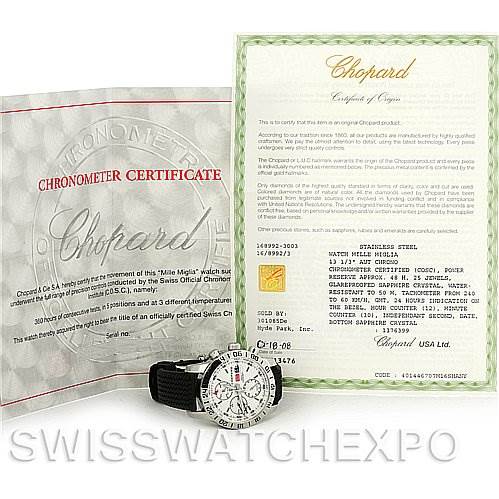 The image shows a Chopard Mille Miglia 168992-3003 Men's Stainless Steel White Dial 168992-3003 Men's Stainless Steel White Dial watch placed alongside its Chronometer Certificate and Certificate of Origin documents.