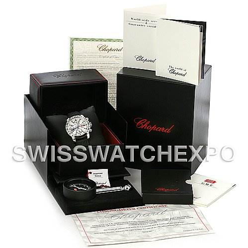 The image shows a Chopard Mille Miglia 168992-3003 Men's Stainless Steel White Dial 168992-3003 Men's Stainless Steel White Dial watch, box, manuals, warranty card, and a certificate, presented from a front angle.