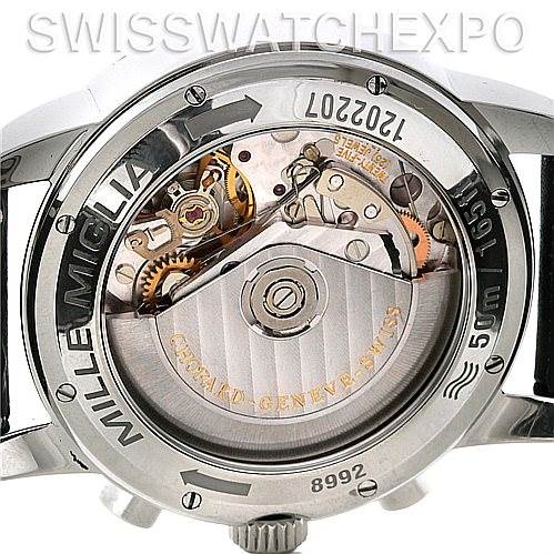 This image shows the back view of the Chopard Mille Miglia 168992-3003 Men's Stainless Steel White Dial 168992-3003 Men's Stainless Steel White Dial watch, highlighting its intricate mechanical movement.