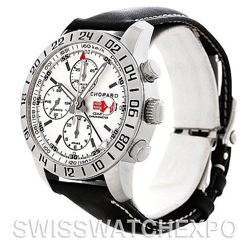 The image shows a Chopard Mille Miglia 168992-3003 Men's Stainless Steel White Dial 168992-3003 Men's Stainless Steel White Dial watch at a three-quarter angle, highlighting the dial, bezel, crown, pushers, and leather strap.