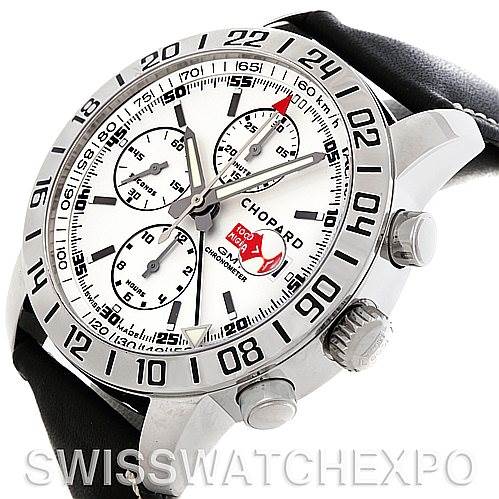 This Chopard Mille Miglia 168992-3003 Men's Stainless Steel White Dial 168992-3003 Men's Stainless Steel White Dial model watch is shown at a three-quarter angle, highlighting the face, bezel, and side buttons.