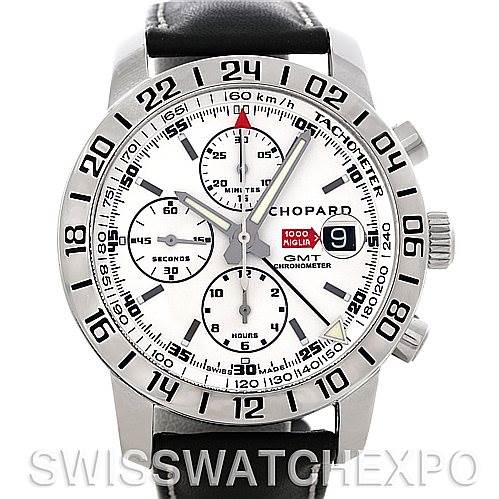 This image shows a front view of the dial and bezel of the Chopard Mille Miglia 168992-3003 Men's Stainless Steel White Dial 168992-3003 Men's Stainless Steel White Dial watch, including its chronograph subdials and date window.