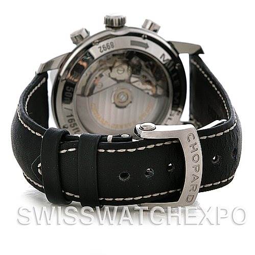 The Chopard Mille Miglia 168992-3003 Men's Stainless Steel White Dial 168992-3003 Men's Stainless Steel White Dial watch is shown from the back, highlighting the black leather strap and the visible movement.
