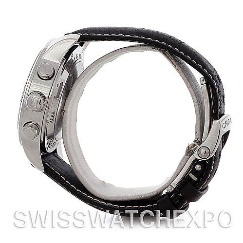 The image shows a side view of a Chopard Mille Miglia 168992-3003 Men's Stainless Steel White Dial 168992-3003 Men's Stainless Steel White Dial watch, highlighting its case, crown, pushers, and black leather strap.