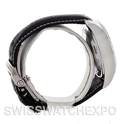 The image shows a side view of the Chopard Mille Miglia 168992-3003 Men's Stainless Steel White Dial 168992-3003 Men's Stainless Steel White Dial watch, displaying the case, crown, and black leather strap.