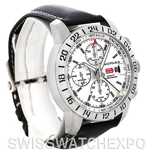 This Chopard Mille Miglia 168992-3003 Men's Stainless Steel White Dial 168992-3003 Men's Stainless Steel White Dial model watch is shown from a 3/4 angle, highlighting the face, bezel, and part of the black leather strap.