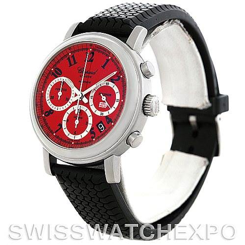 The Chopard Mille Miglia 16-8331 Men's Stainless Steel Red Dial 16-8331 Men's Stainless Steel Red Dial watch is shown at a three-quarter angle, displaying the bezel, dial, crown, and part of the strap.