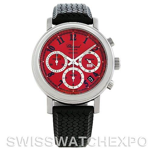 This image shows a front view of a Chopard Mille Miglia 16-8331 Men's Stainless Steel Red Dial 16-8331 Men's Stainless Steel Red Dial model watch with a red dial and black strap.