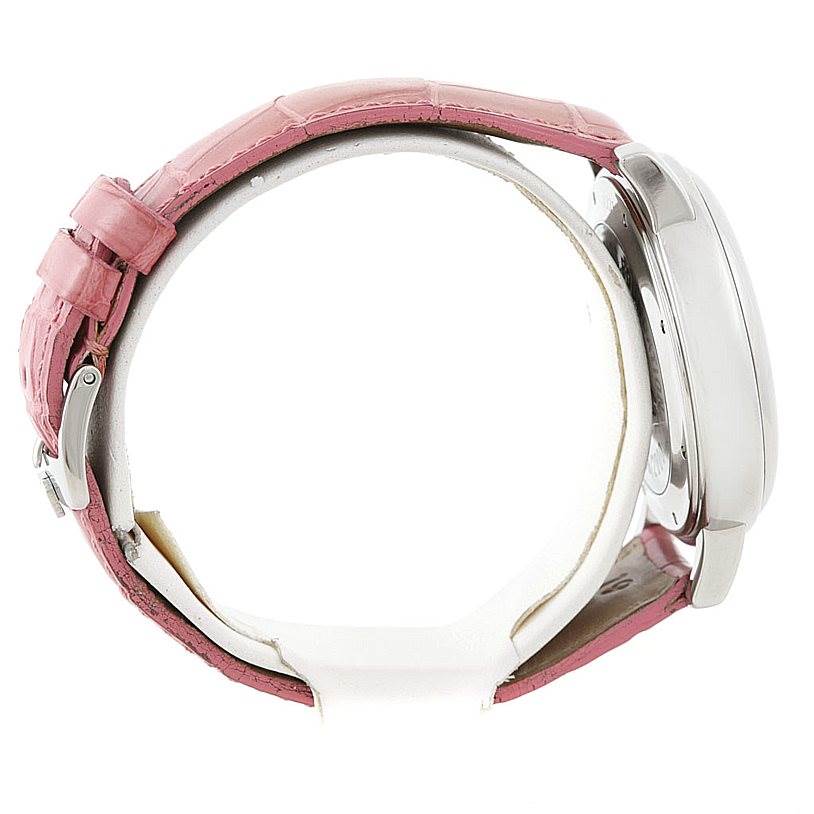 The image shows a side view of a Chopard Mille Miglia 8331 Men's Stainless Steel Pink Dial 8331 Men's Stainless Steel Pink Dial watch with a pink strap and silver case.