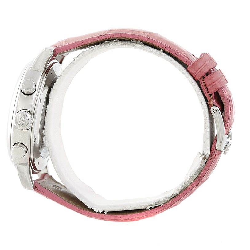 The image shows a side view of a Chopard Mille Miglia 8331 Men's Stainless Steel Pink Dial 8331 Men's Stainless Steel Pink Dial watch, highlighting its buttons and pink strap.