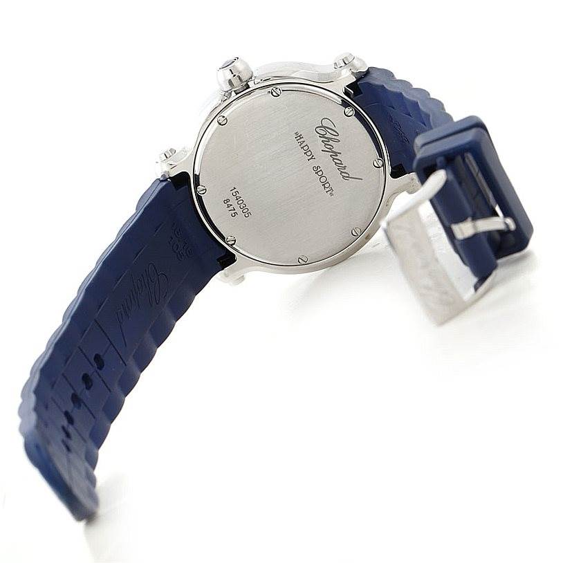 The image shows a Chopard 278475 Women
s Stainless Steel Silver Dial 278475 Women
s Stainless Steel Silver Dial Happy Sport Floating Diamond Rubber Strap Watch 278475 from a back angle highlighting the case back and buckle.