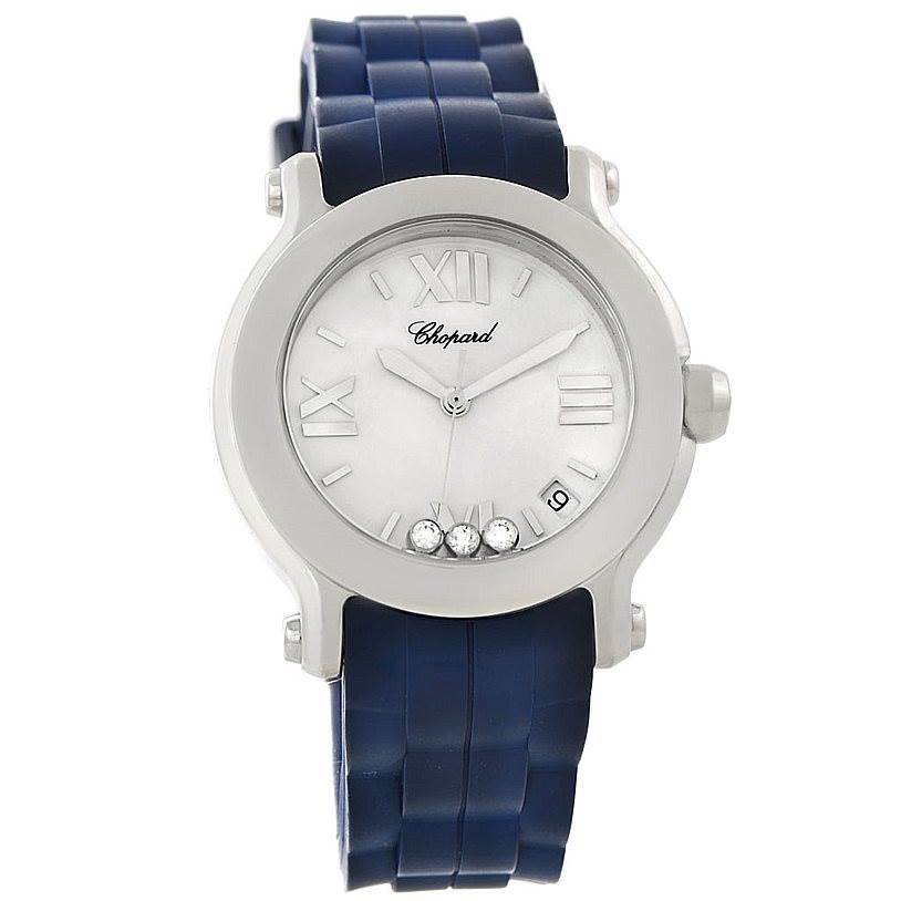 The image shows a frontal view of the Chopard 278475 Women
s Stainless Steel Silver Dial 278475 Women
s Stainless Steel Silver Dial Happy Sport Floating Diamond Rubber Strap Watch 278475, highlighting its dial, strap, and diamonds.