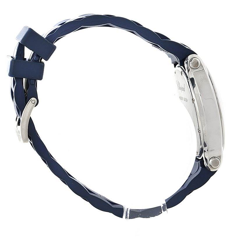 This image shows the side profile of the Chopard 278475 Women
s Stainless Steel Silver Dial 278475 Women
s Stainless Steel Silver Dial Happy Sport Floating Diamond Rubber Strap Watch 278475, highlighting the rubber strap and case.