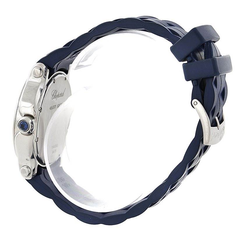 The image shows the side view of the Chopard 278475 Women
s Stainless Steel Silver Dial 278475 Women
s Stainless Steel Silver Dial Happy Sport Floating Diamond Rubber Strap Watch 278475, highlighting the case back, crown, and strap.