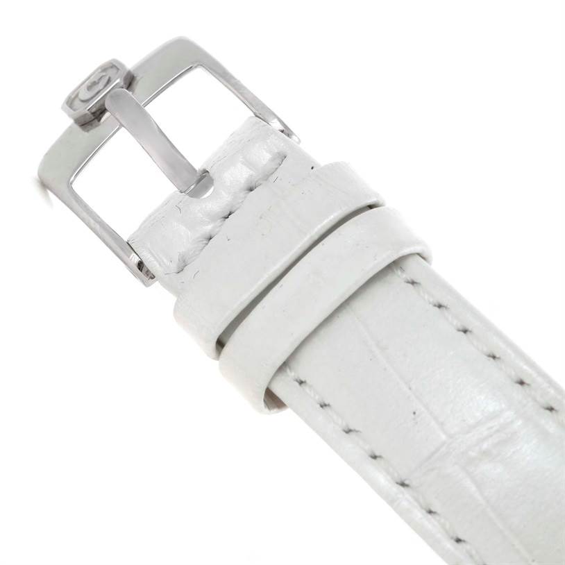 This image shows a close-up of a white leather strap and buckle from the Chopard 27/8250-23 Women's Stainless Steel Brown Dial 27/8250-23 Women's Stainless Steel Brown Dial Happy Sport Diamond Bronze Dial Ladies Watch model 27/8250-23.