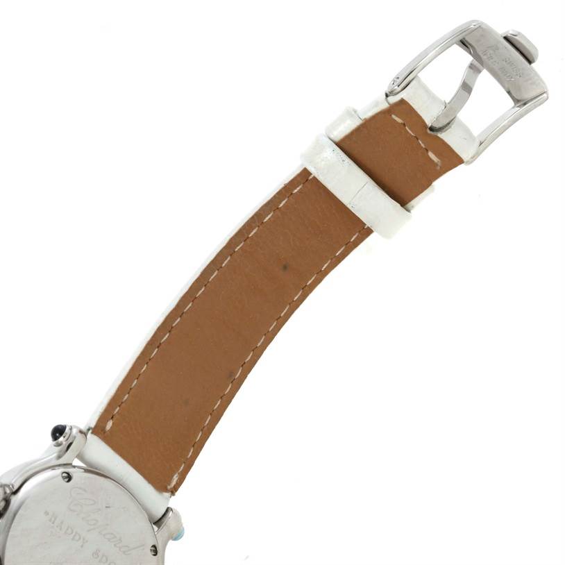 This image shows the backside of the strap and clasp of the Chopard 27/8250-23 Women's Stainless Steel Brown Dial 27/8250-23 Women's Stainless Steel Brown Dial Happy Sport Diamond Bronze Dial Ladies Watch 27/8250-23.